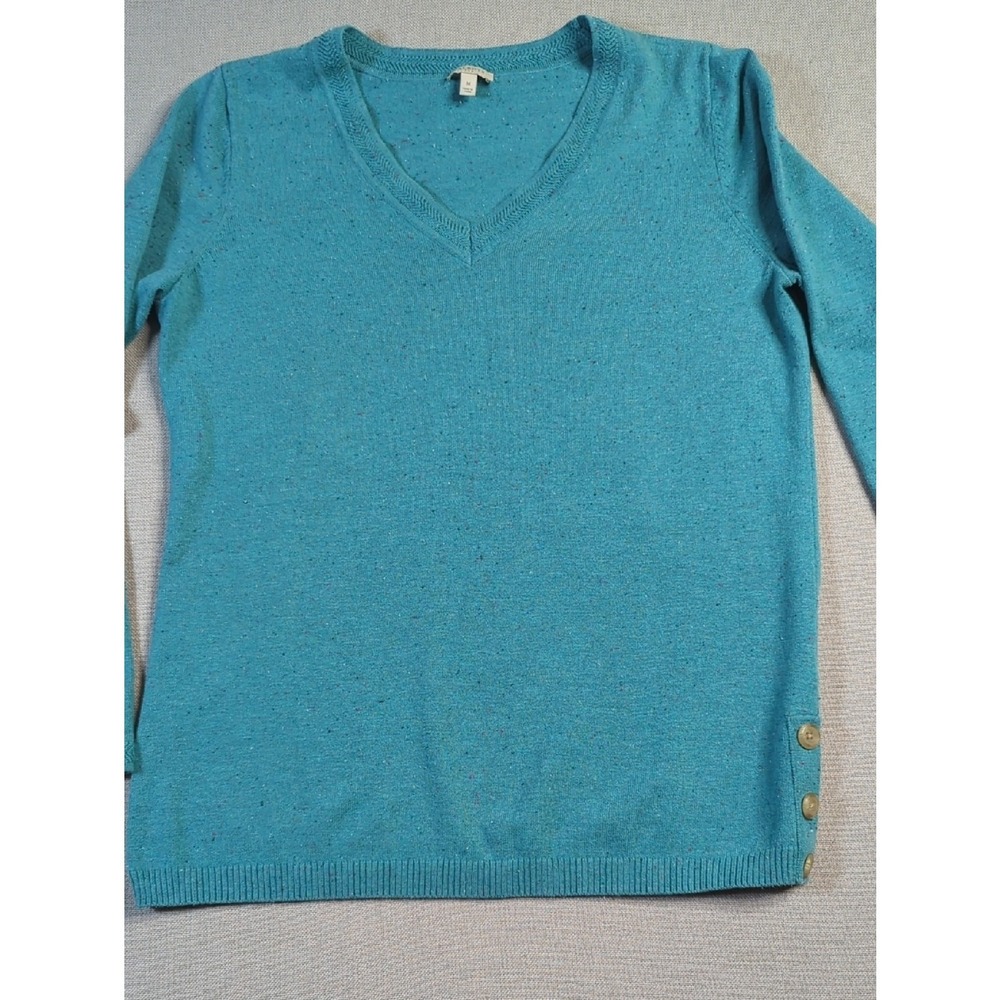 Talbots Teal Speckled Knit Sweater Women's Medium V Neck Button Hem Nep Knit